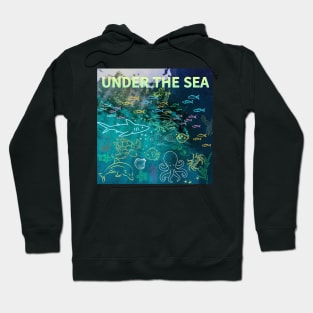 under the sea,blue sea,sea creatures,Turtle, puffer fish, starfish, shrimp, shark, tropical fish, sea horse, seaweed, sardines, squid, crabs, clams Hoodie